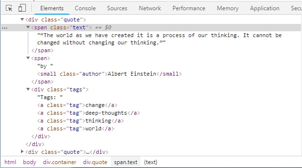 Copie d'écran de l'utilisation des outils développeur de chrome afin d'analyser la structure d'une citation.