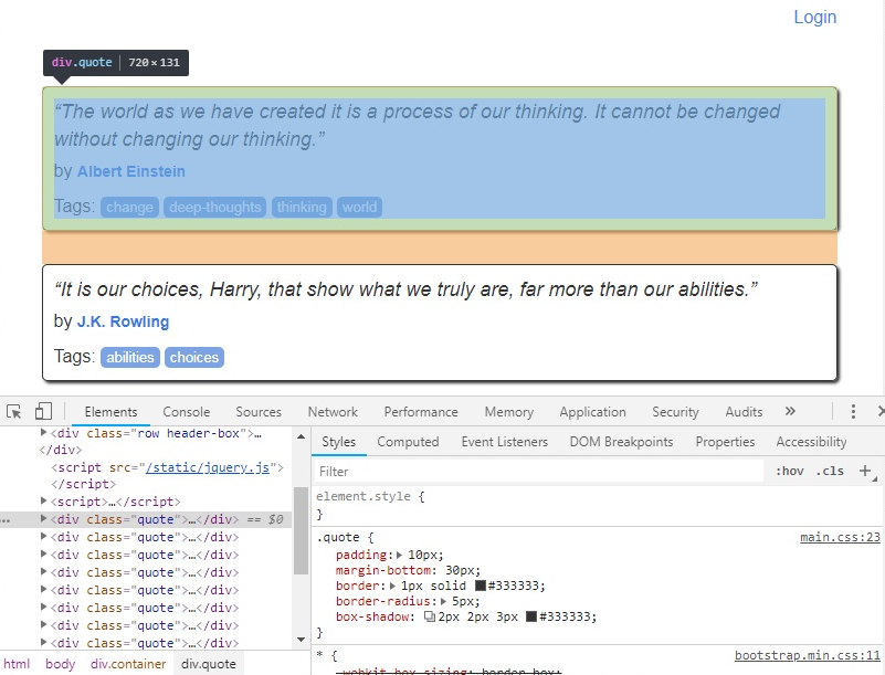 Copie d'écran de l'utilisation des outils développeur de chrome afin d'analyser la structure de la page http://toscrape.com.