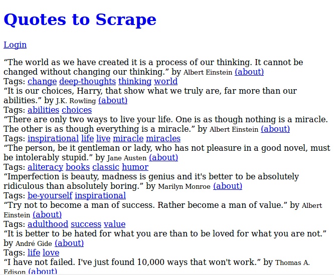 Copie d'écran du résultat du scraping. Liste des citations sans mise en forme avec auteur et tags