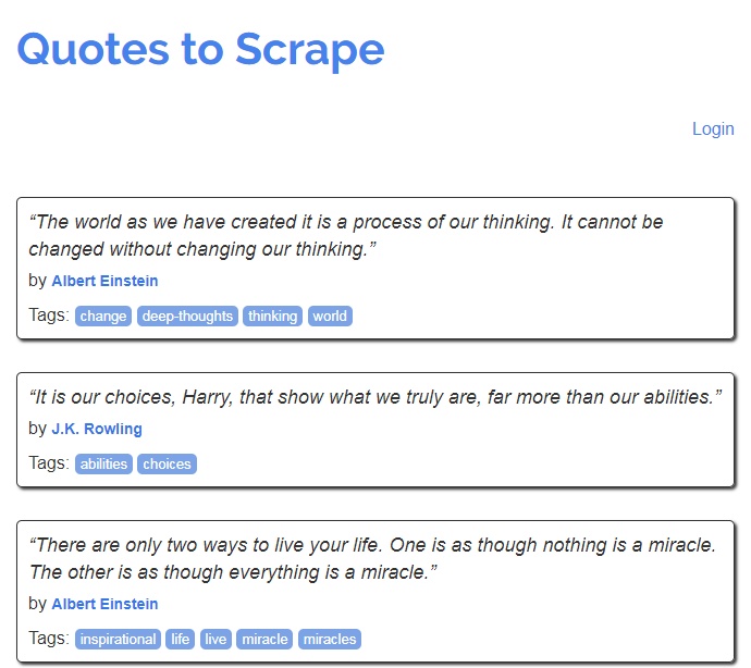 Copie d'écran du site http://quotes.toscrape.com listant des citations avec auteur et tags