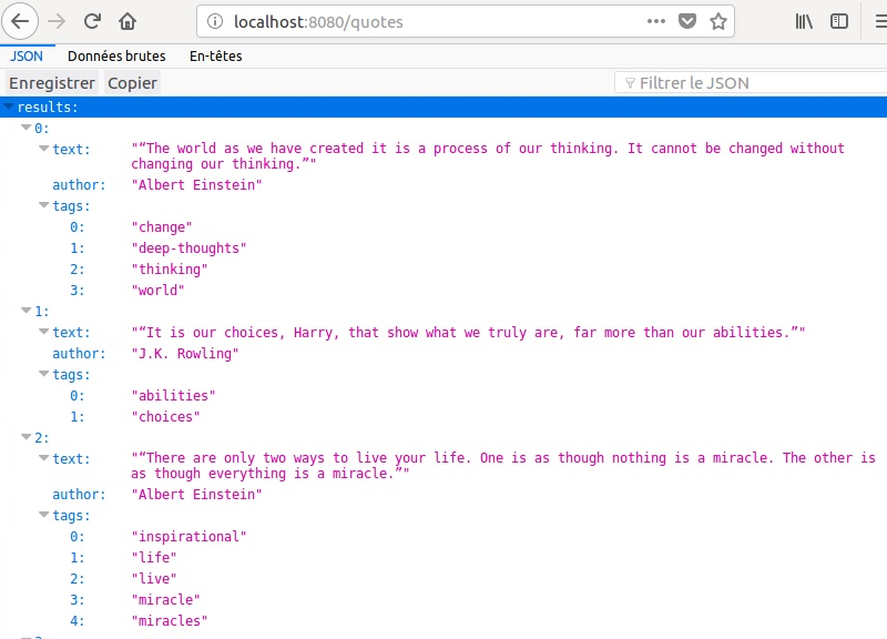 Résultat de l'appel API : liste des citations sous format json avec texte, auteur, tags